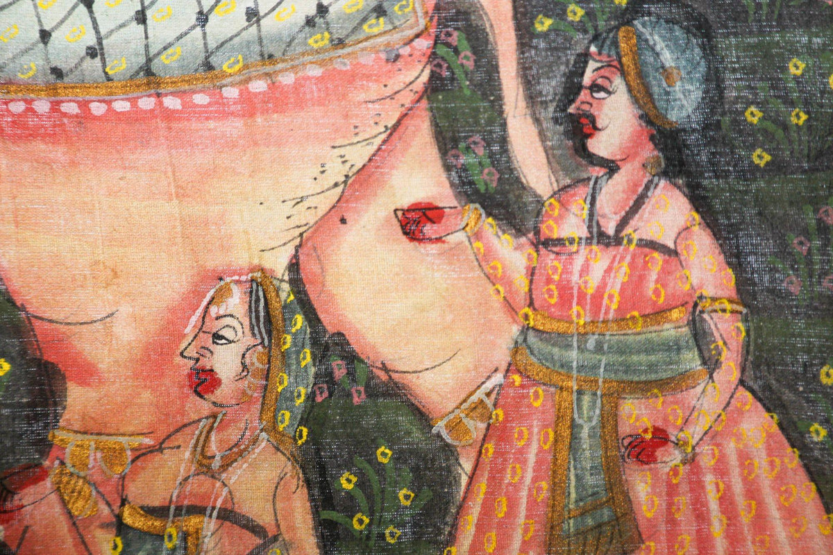 Large Vintage Mughal Raj Silk Painting of a Maharaja Royal Procession — India