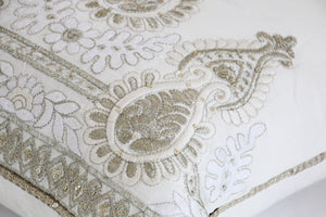 White and Silver Embroidered Mughal Style Throw Pillow