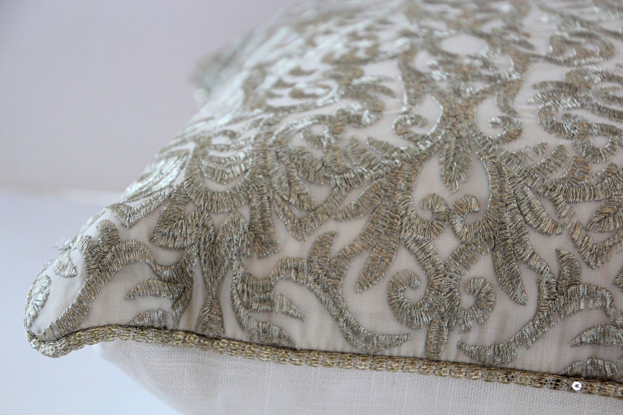 Turkish Moorish Ottoman Style Throw Pillow with Silver Metallic Embroidery
