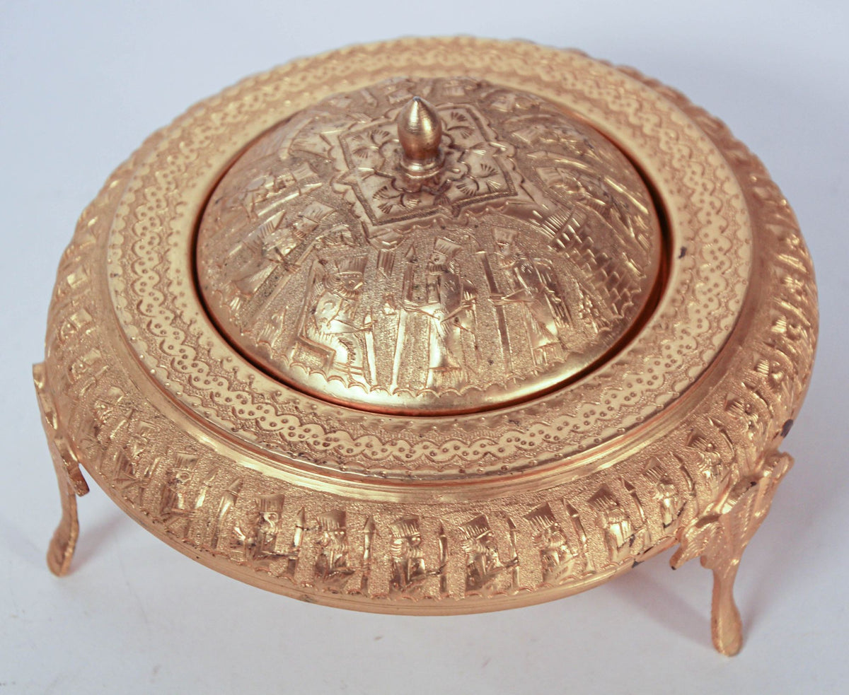 1960 Vintage Gold Tone Islamic Moorish Roll Top Caviar Footed Dish Server