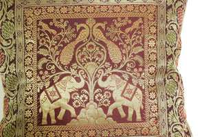 Silk Throw Pillow with Elephants and Peacocks India