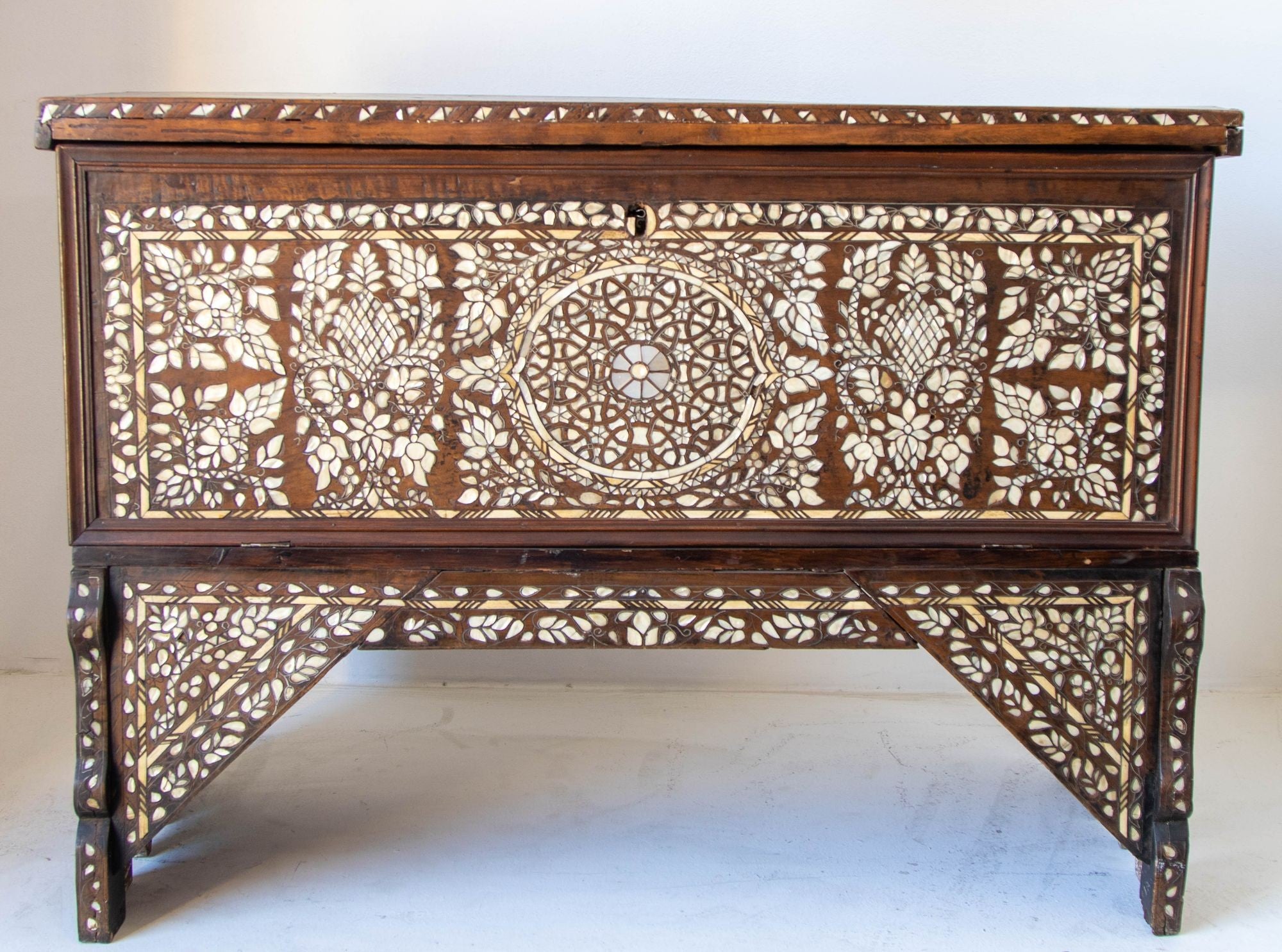 Antique Middle Eastern Mother of Pearl Inlay Dowry Trunk 19th C.