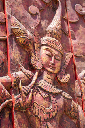 Antique Monumental Asian Hand-Carved Wooden Decorative Mural Panel 8ft