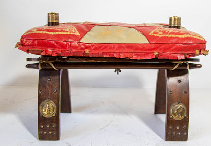 1960s Vintage Egyptian Camel Saddle Stool in Dark Wood & Red Leather