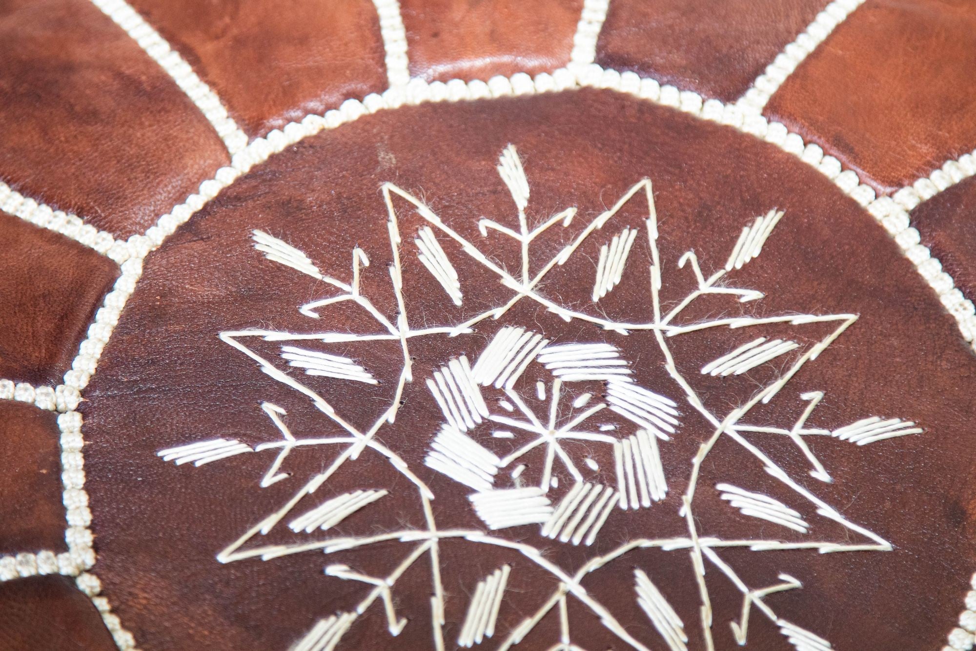 Moroccan Hand Tooled Brown Leather Pouf