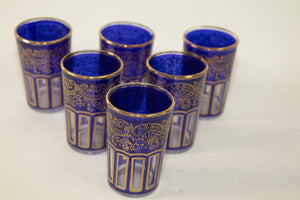 Moroccan Royal Blue Glasses with Gold Moorish Arabesque Design Set of 6 Barware