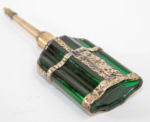Moorish Emerald Green Glass Perfume Bottle Sprinkler with Embossed Metal Overlay