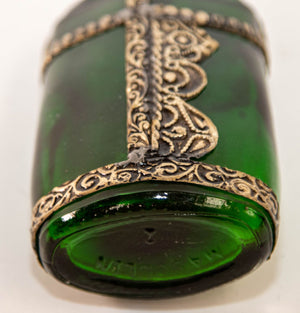 Moorish Green Glass Perfume Bottle Sprinkler with Embossed Metal Overlay