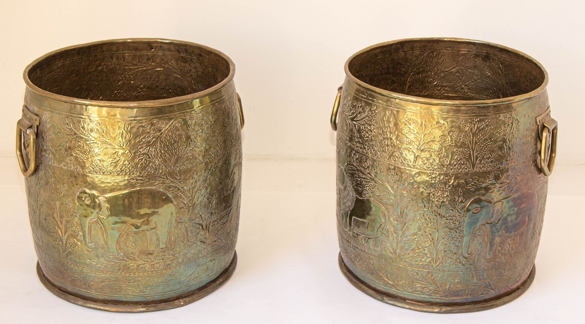 Large Vintage Polished Brass Planters Anglo Raj Hammered Jungle Design a Pair