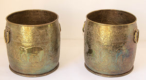 Large Vintage Polished Brass Planters Anglo Raj Hammered Jungle Design a Pair