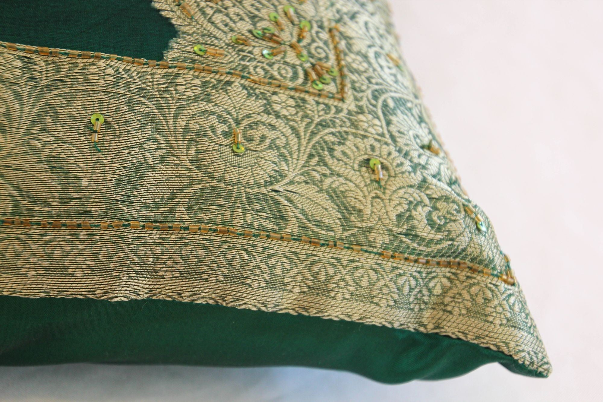 Emerald Green Moorish Throw Pillows Embellished with Sequins and Beads a Pair