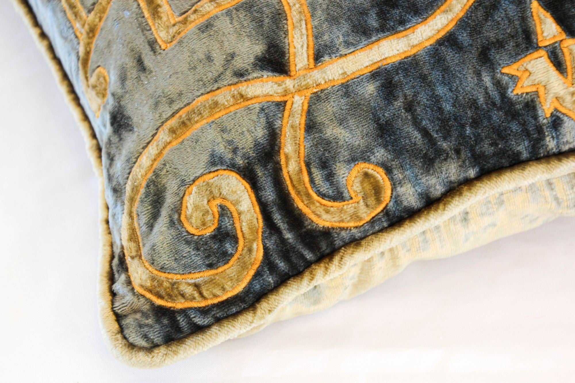 Baroque Venetian Style, Blue and Gold Velvet Pillow, Elaborate Applique Work