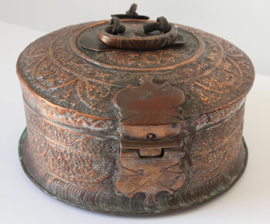 Antique South Asian Mughal Round Tinned Copper Box with Lid India 19th Century