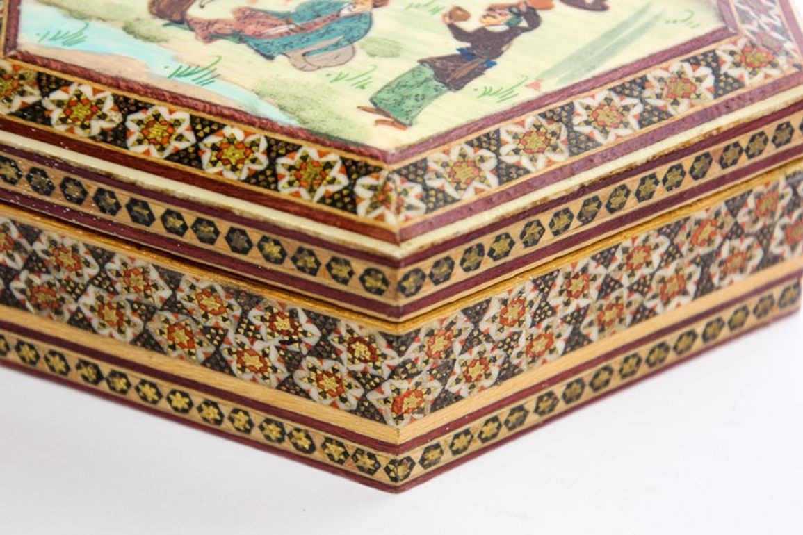 Khatam Persian Micro Mosaic Marquetry Inlaid Jewelry Trinket Box 1950's