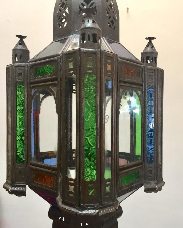 Moroccan Handcrafted Moorish Pendant Lantern with Multi-Color Glass