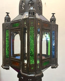 Moroccan Handcrafted Moorish Pendant Lantern with Multi-Color Glass