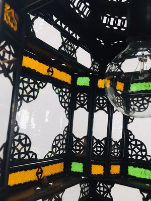 Moroccan Hall Lantern Light Fixture with Multi-Color Glass Moorish Style