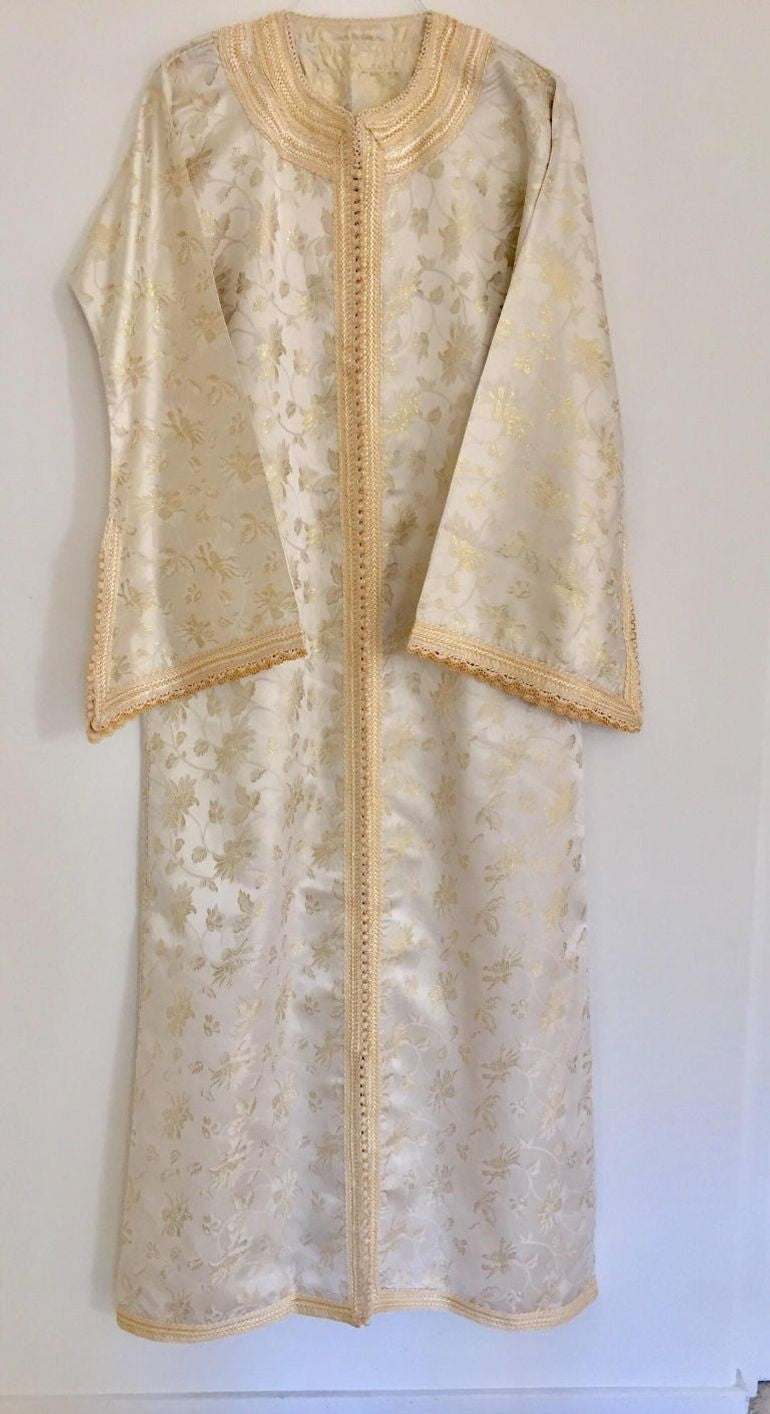 Vintage Moroccan Kaftan White and Gold Metallic Floral Brocade Caftan 1970's
