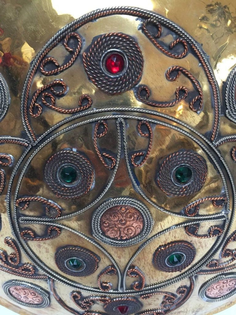Handcrafted Moroccan Brass Drinking Flask with Glass Stones, 1940