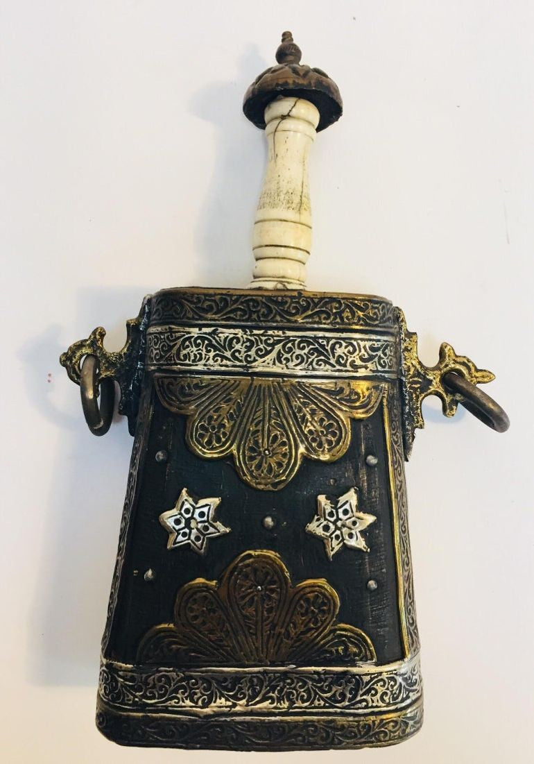 Antique Moroccan Berber Case Flask, Hand-Carved Wood & Brass, 1920s