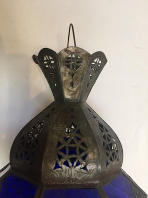 Handcrafted Moroccan Metal and Blue Glass Lantern, Octagonal Shape