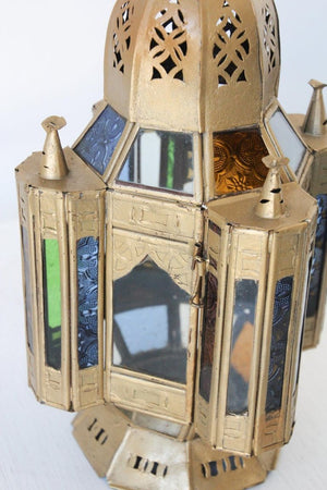 Moroccan Candle Lantern in Moorish Gilt Metal and Glass