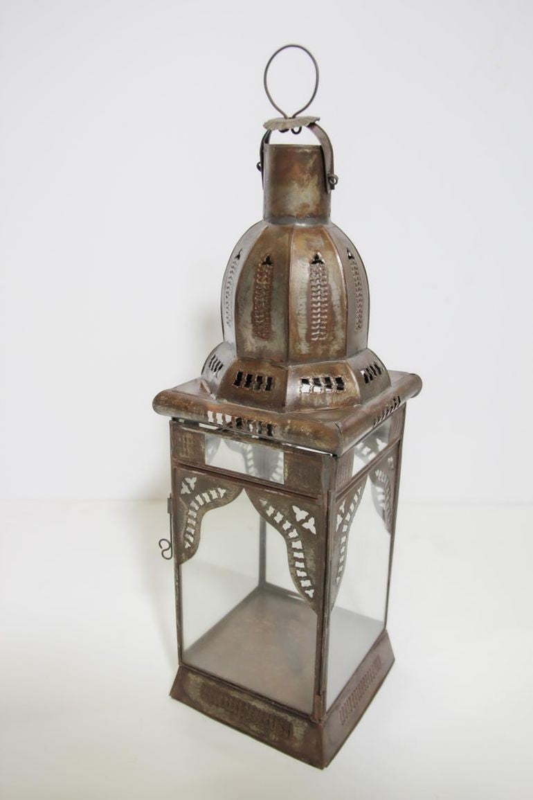 Moroccan Metal Candle Lantern in Moorish Square Metal and Clear Glass