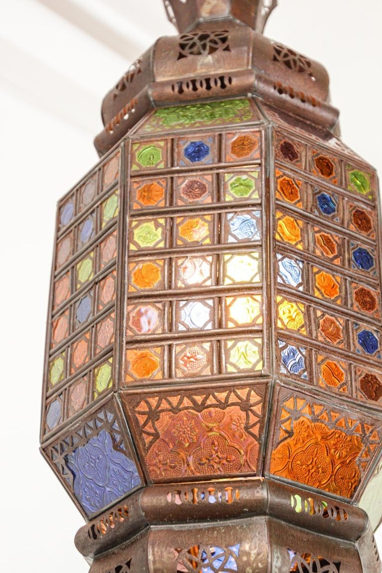 Moroccan Hanging Glass Lantern Moorish Metal Light Fixture with Stained Glass
