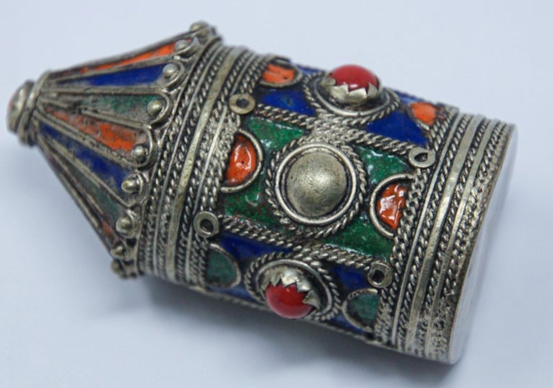Antique Kabyle Berber Silver & Enamel Kohl Jewelry Box, Algeria, circa 1920s