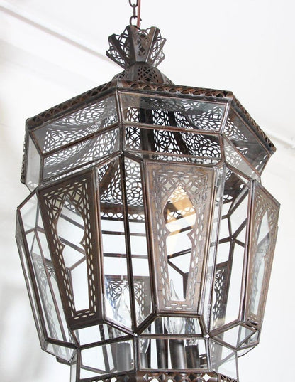 Vintage Moroccan Moorish Clear Glass Pierced Metal Lantern Chandelier, 1980s