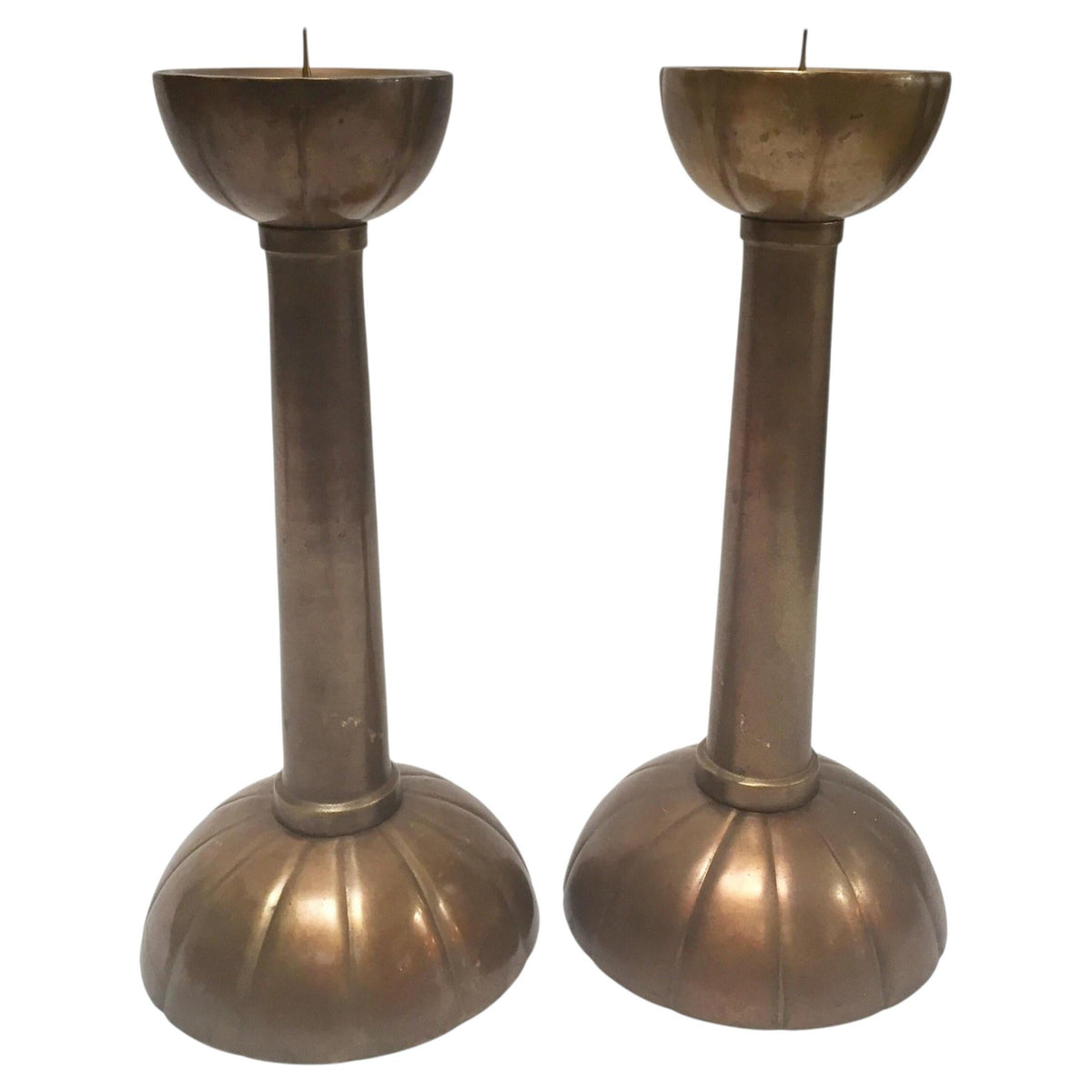 Pair of Large Brass Japanese Candlesticks on a Round Scalloped Base and Top — additional view 9