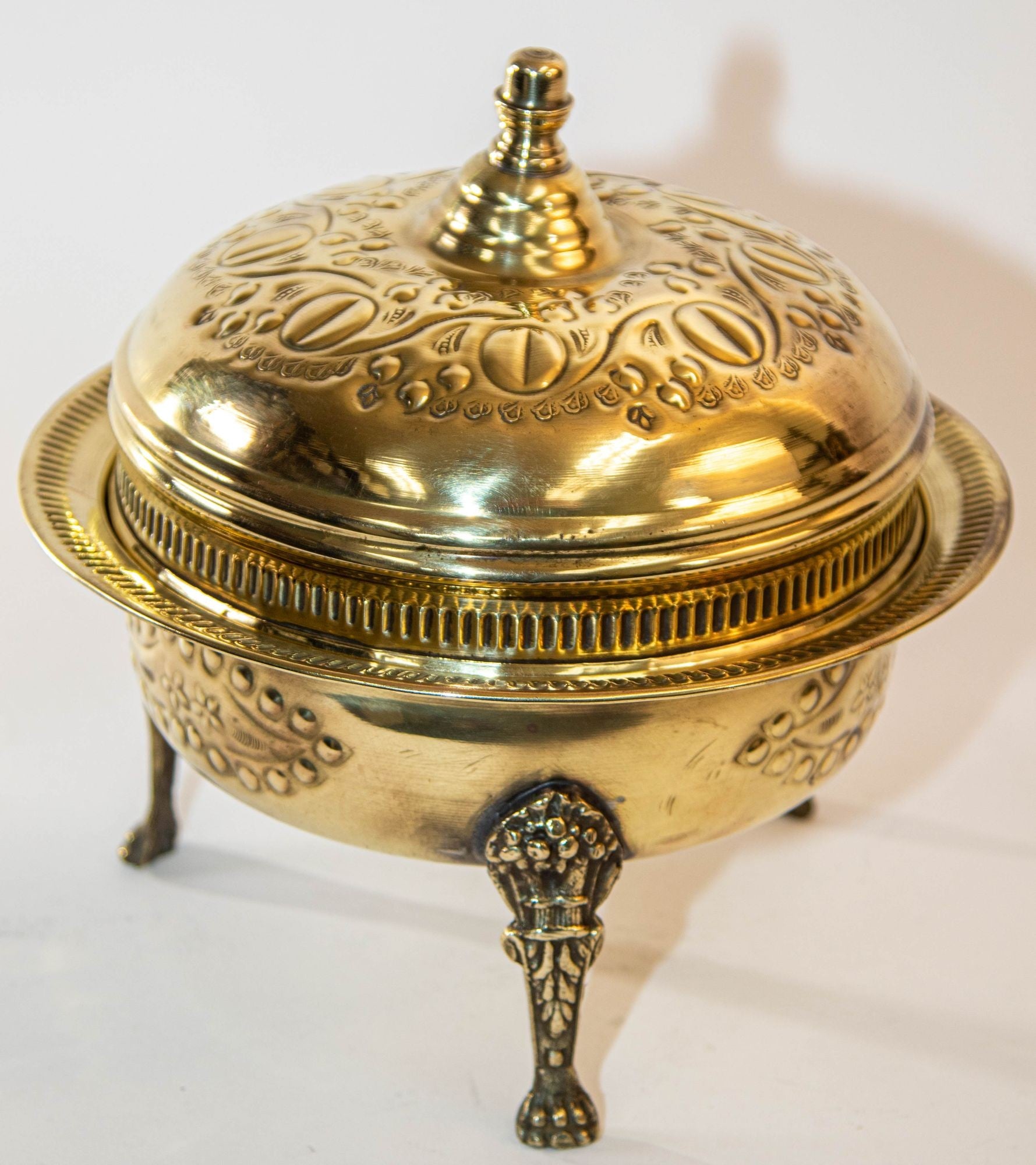 1940s Antique Round Moroccan Brass Serving Dish with Dome Lid and Paw Lion Feet.