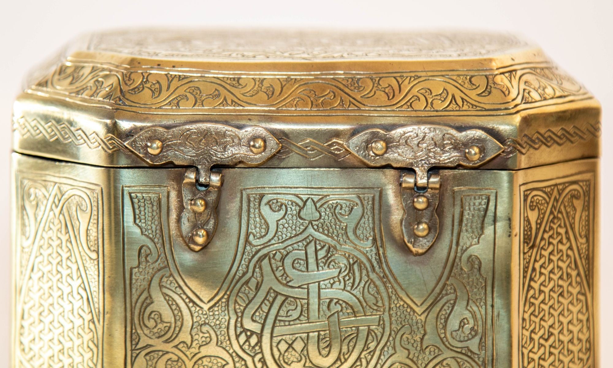 Persian Brass Jewelry Box in Mamluk Revival Damascene Moorish Islamic Style 1920