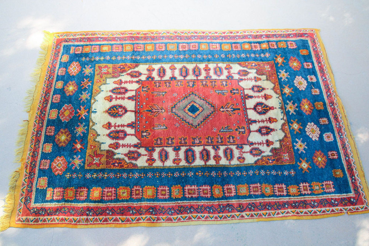 1960s Moroccan Berber Rug in Royal Blue, Pink and Orange Colors