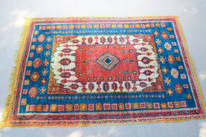 1960s Moroccan Berber Rug in Royal Blue, Pink and Orange Colors