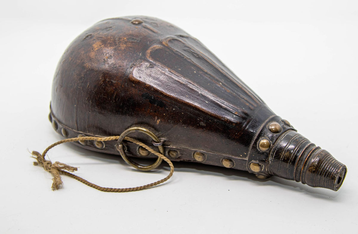 Antique Moroccan Carved Wood and Tooled Leather Powder Flask, 19th Century