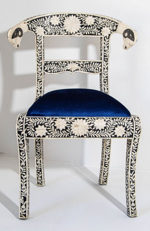 Antique Anglo-Indian Side Chair with Ram's Head Bone Inlaid Royal Blue Seat