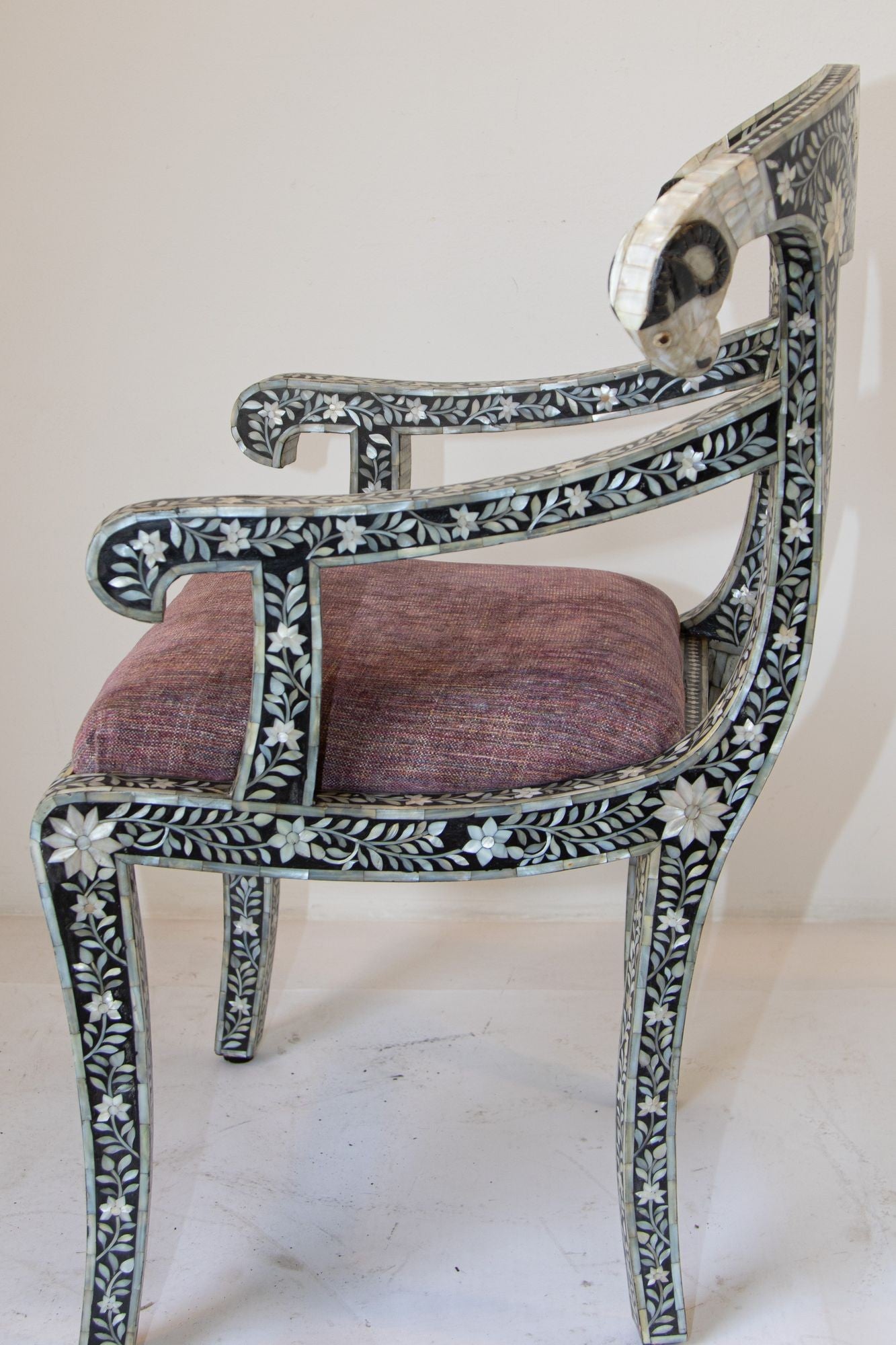 Anglo-Indian Mughal Mother of Pearl Inlaid Klismos Armchair with Ram Head 1 of 2
