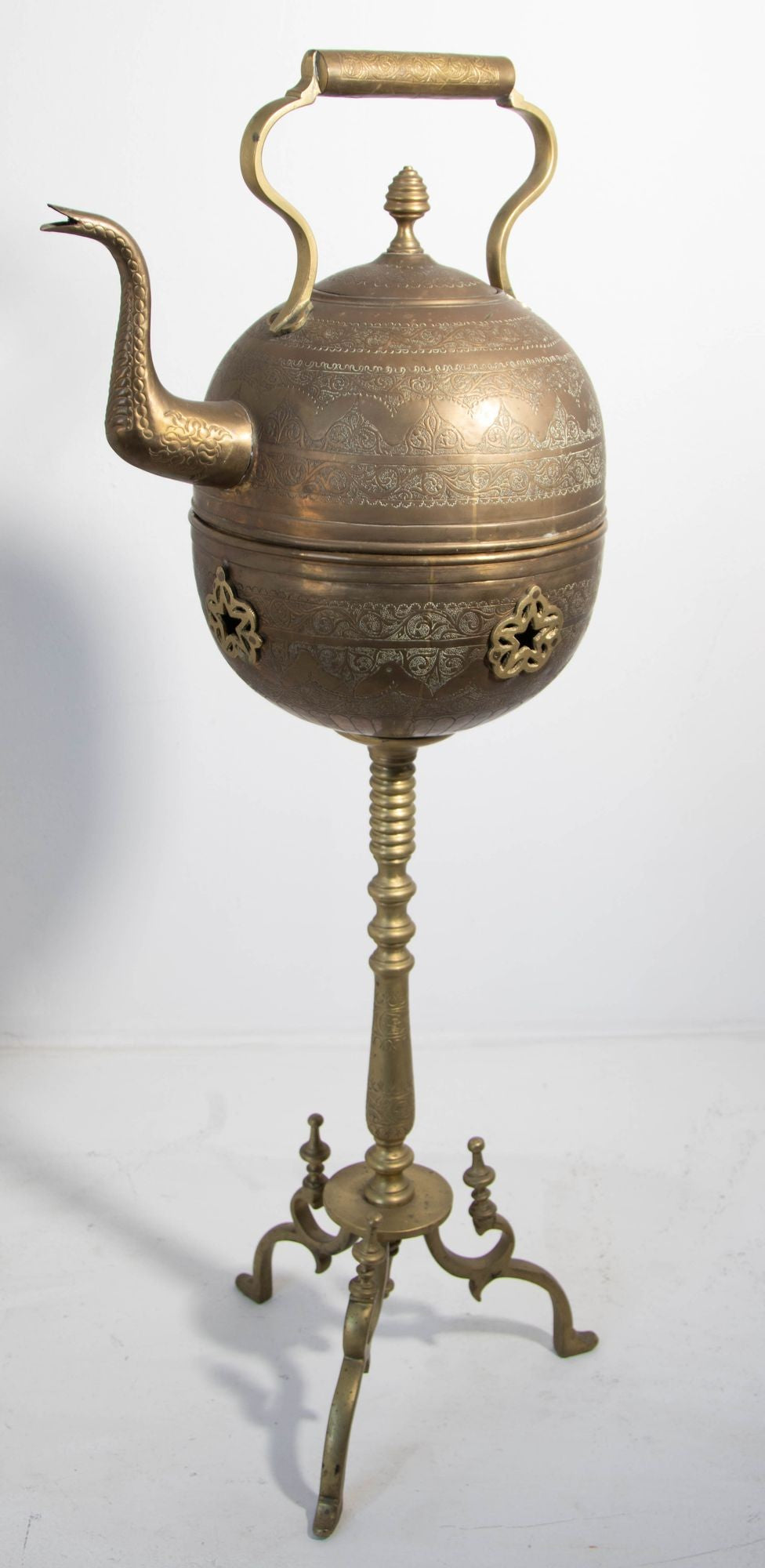 Monumental Moroccan Engraved Brass Tea Kettle on Stand