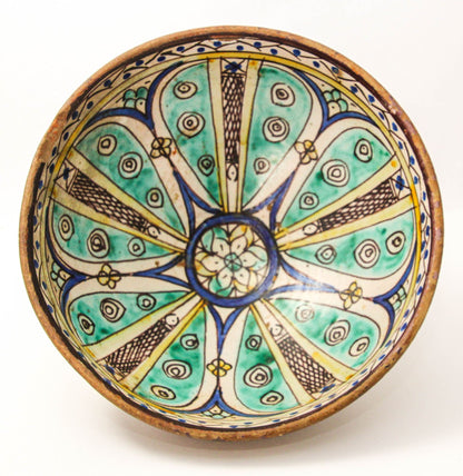 Antique 19th C. Moroccan Ceramic Bowl Polychrome Footed Dish Fez