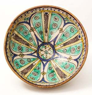 Antique 19th C. Moroccan Ceramic Bowl Polychrome Footed Dish Fez