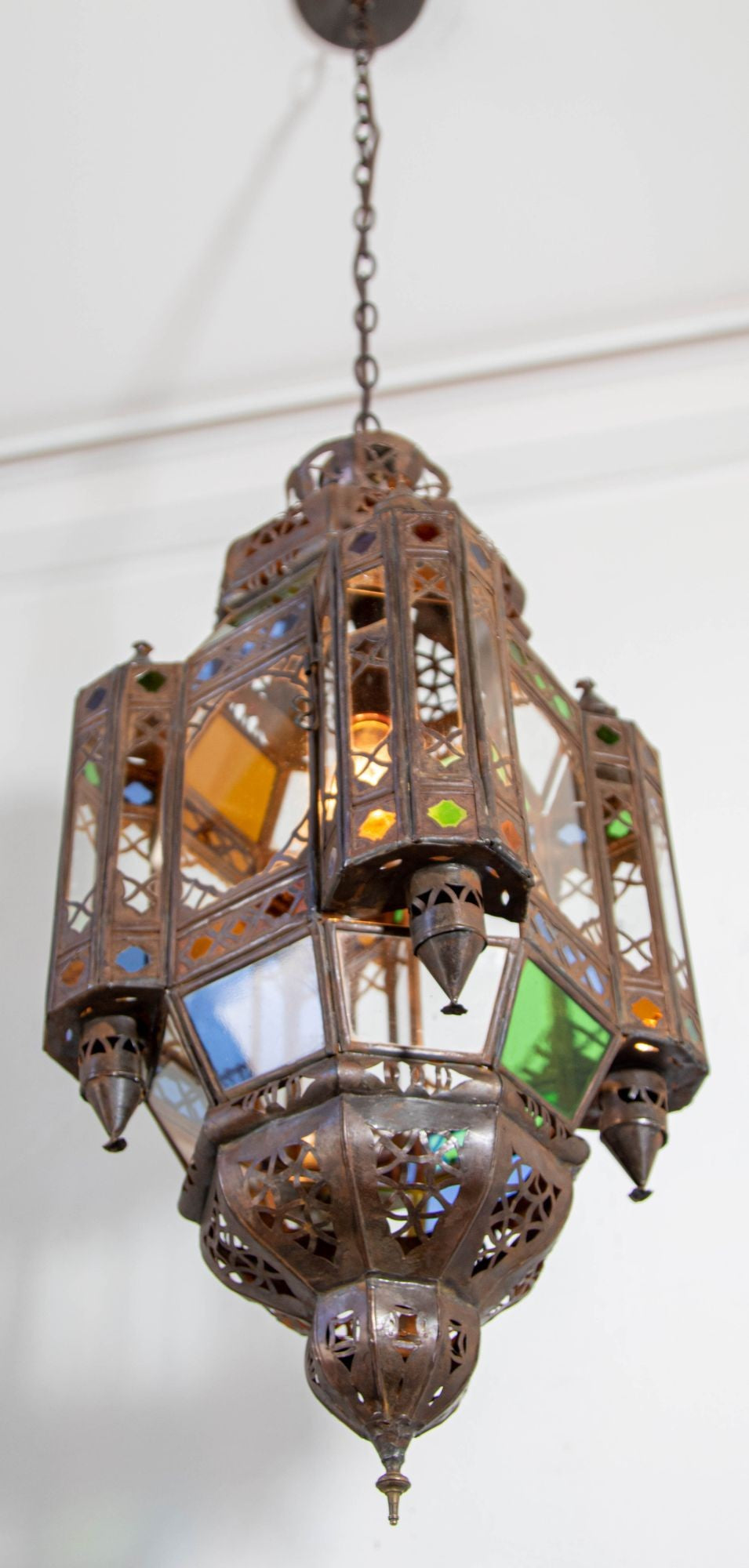 Vintage Moroccan Traditional Moorish Metal and Glass Lantern Ceiling Light