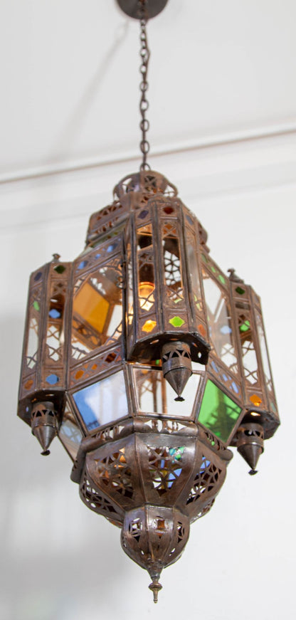 Vintage Moroccan Traditional Moorish Metal and Glass Lantern Ceiling Light