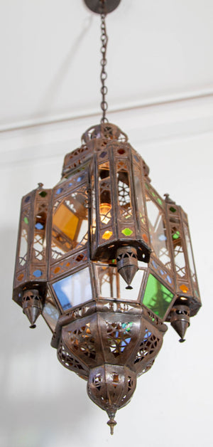 Vintage Moroccan Traditional Moorish Metal and Glass Lantern Ceiling Light