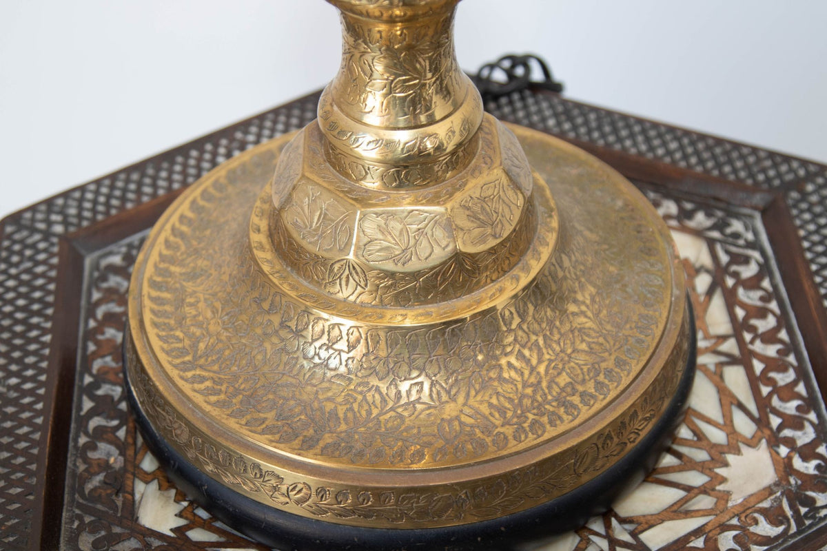 Vintage Polished Etched Solid Brass Candle Holder Table Lamp India