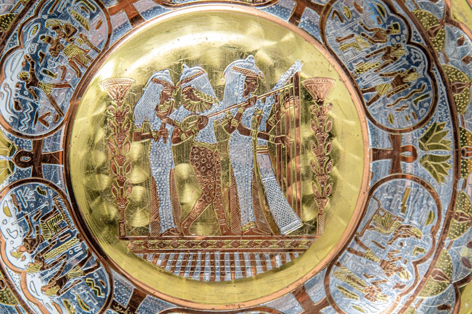 Egyptian Round Brass Tray with Silver and Copper Overlay Wall Hanging 1970
