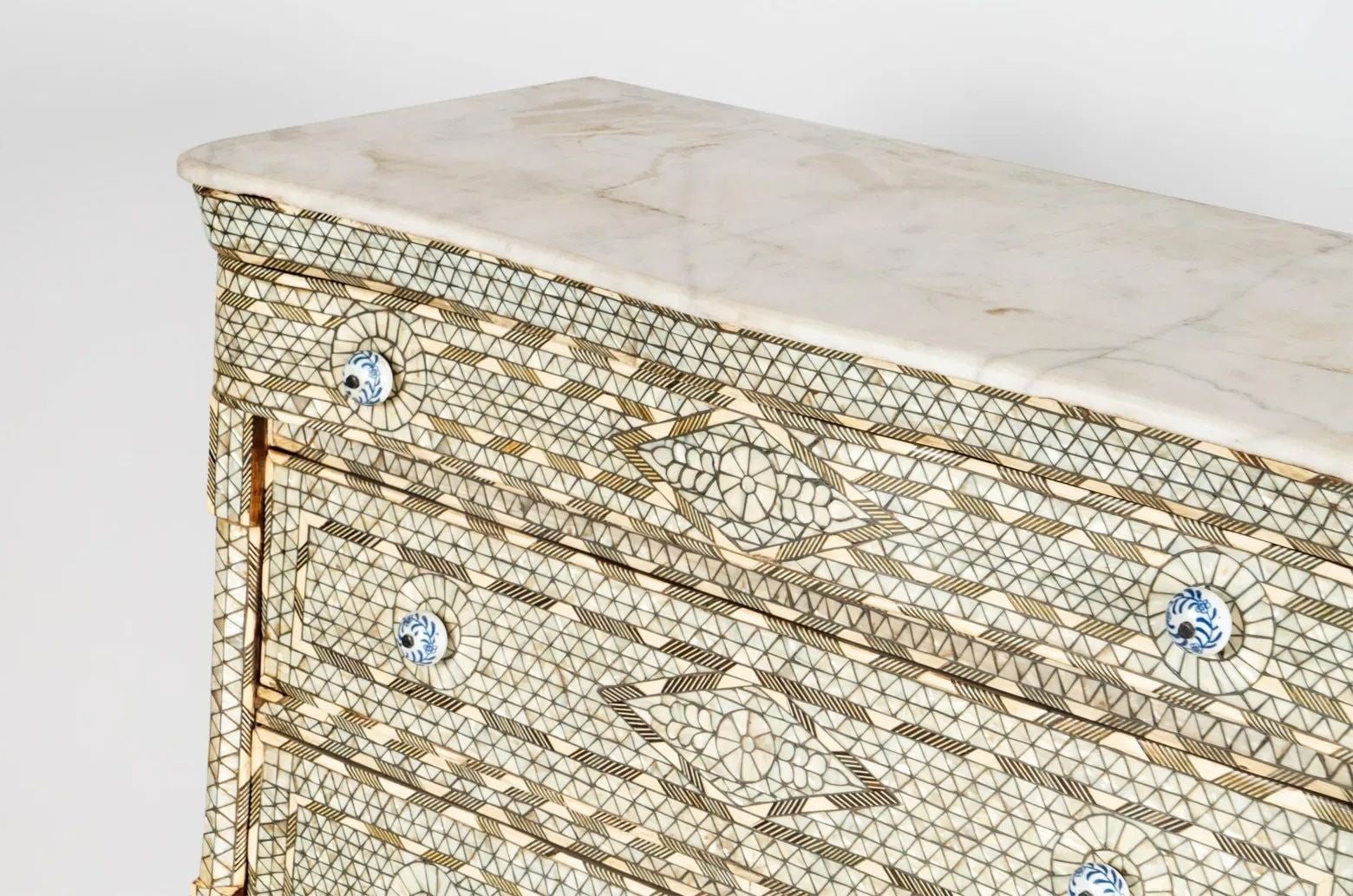 Antique Middle Eastern Mother-of-Pearl Inlaid Marble-Top Chest of Drawers