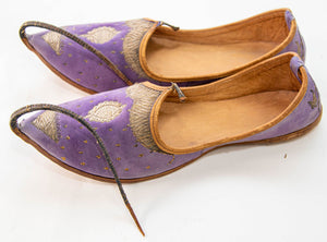 Antique Leather Purple Velvet Suede Mughal Raj Moorish Shoes Gold Embroidered