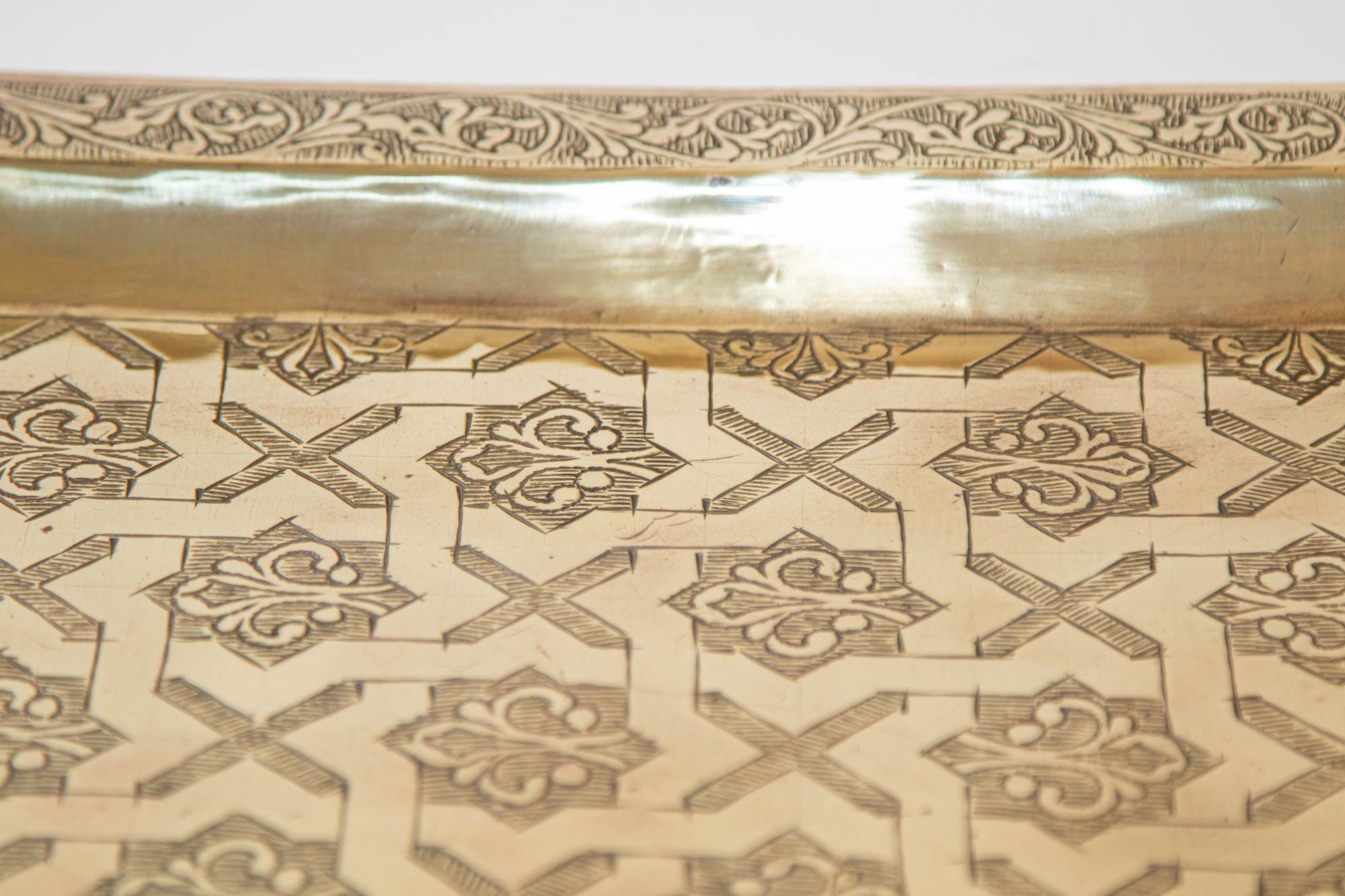 1940s Moroccan Brass Tray Rectangular Shape Polished Gold Brass Serving Platter