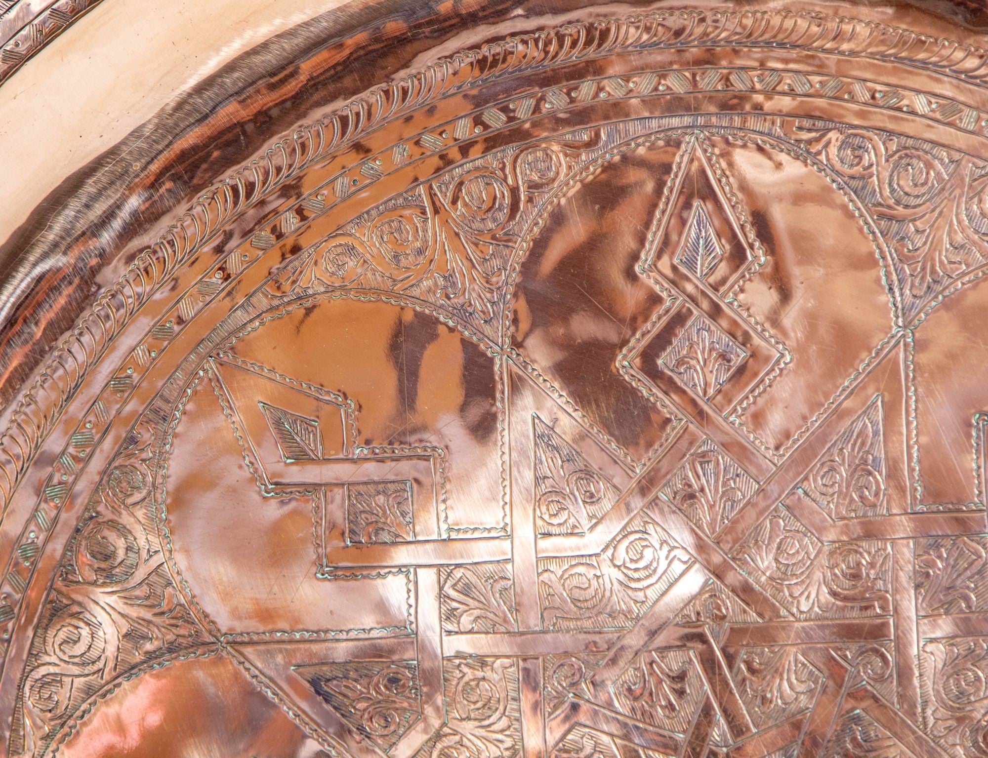 1920s Antique Hand Tooled Oversized Moroccan Metal Copper Tray 31 in. D.